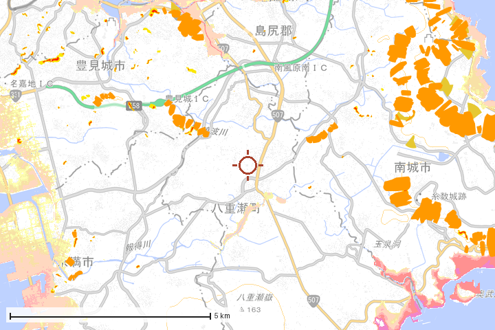 八重瀬町周辺のハザード重ね図